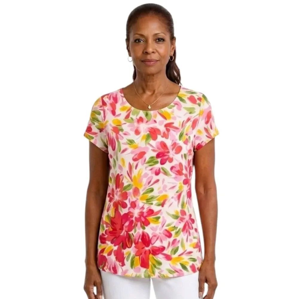 CB Pink Floral Scoop Neck Short Sleeve Slub T-shirt Size L